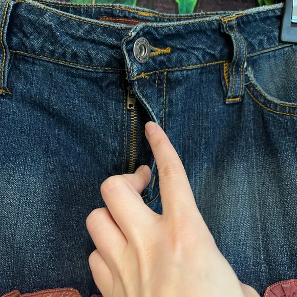 Jalate Denim Tiered Midi Skirt Size 6 Mixed Media Jean Ruffle Boho Zodiac Henna - Picture 2 of 5